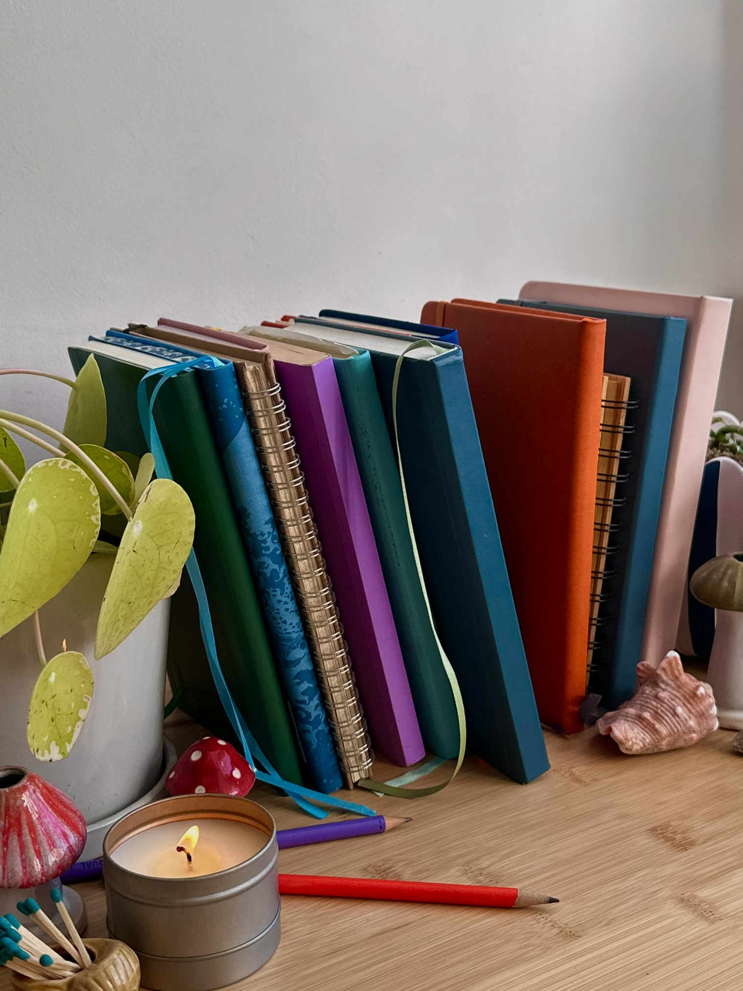 A colourful row of journals and notebooks arranged with plants and small creative objects